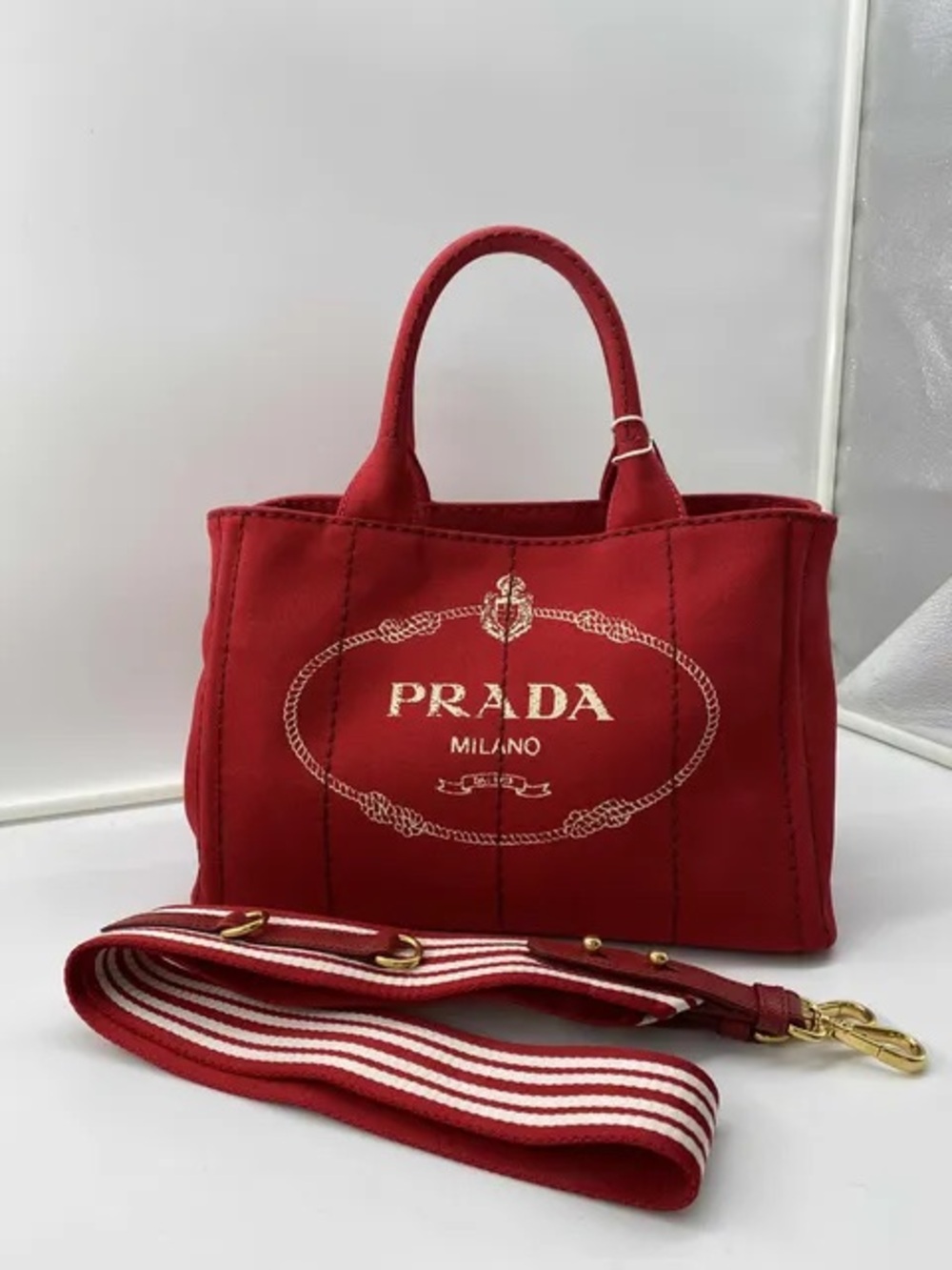 Prada Canapa Logo Tote – Canvas with Rolled Handles & Detachable Strap